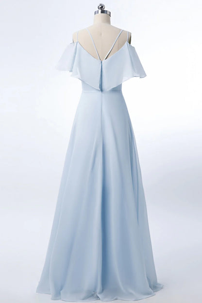 Spaghetti Straps A-line Light Blue Chiffon Long Bridesmaid Dress  Prom Dress In Store