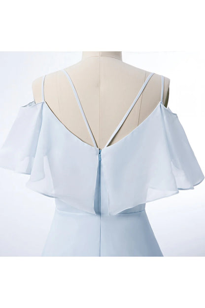 Spaghetti Straps A-line Light Blue Chiffon Long Bridesmaid Dress  Prom Dress In Store