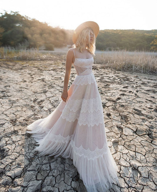 Spaghetti Straps Beach A Line Lace Boho Wedding Dress With Train