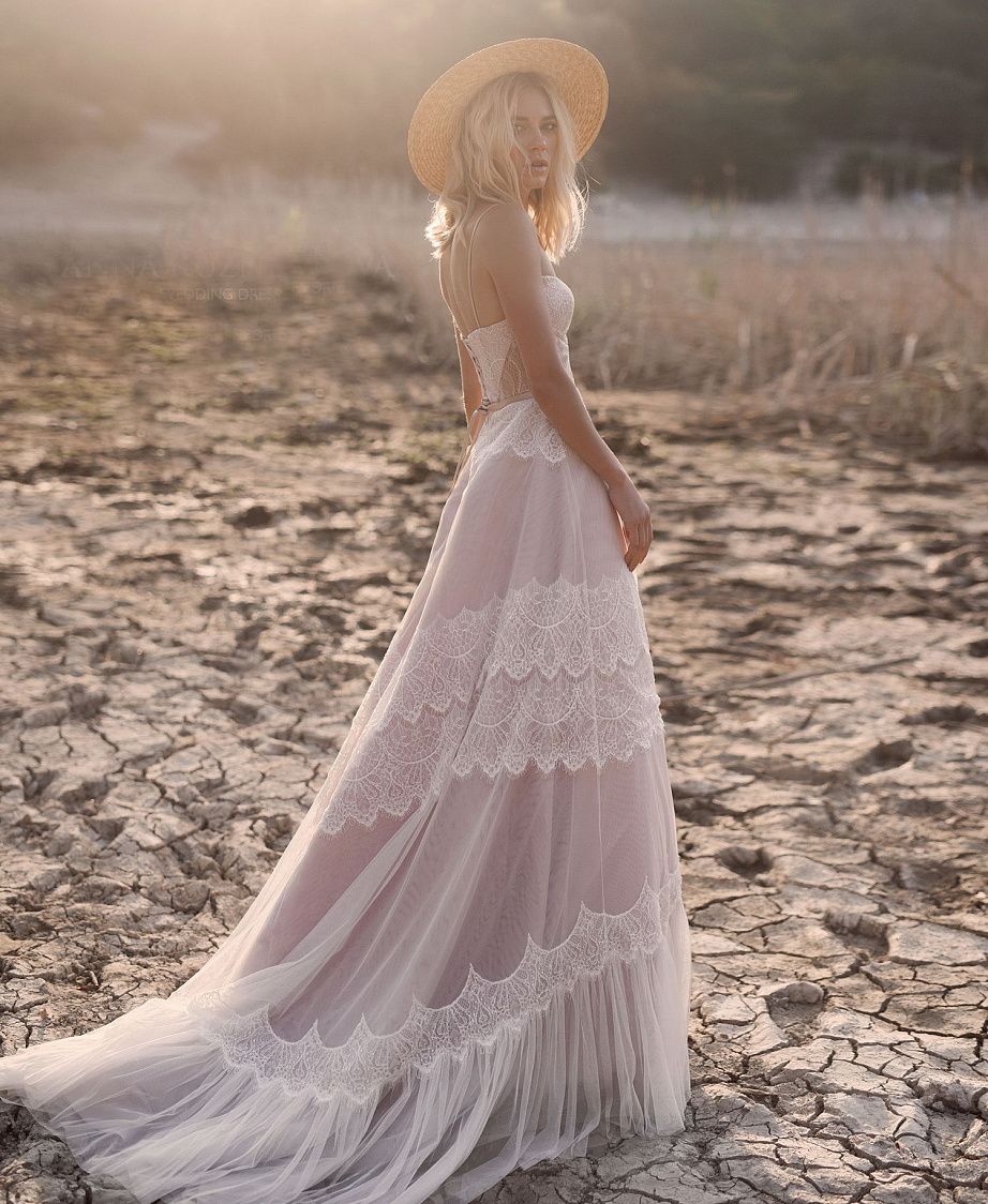 Spaghetti Straps Beach A Line Lace Boho Wedding Dress With Train