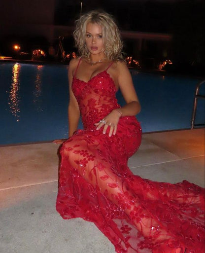 Xuewuba Dress Spaghetti Straps Birthday Party Dresses Red Lace Prom Dresses