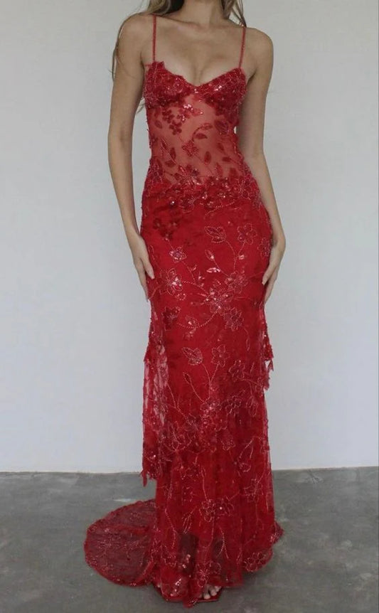 Xuewuba Dress Spaghetti Straps Birthday Party Dresses Red Lace Prom Dresses