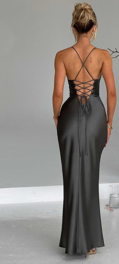 Spaghetti Straps Open Back Sleeveless Gorgeous Long Dress Feminine Corset Lace-up Prom Dress