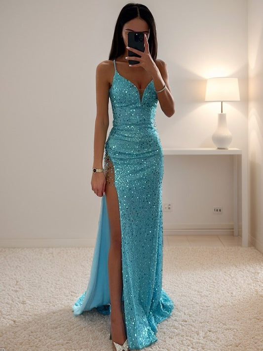 Spaghetti Straps Sheath V-neck Sweep Train Dress Prom Dress With Slit