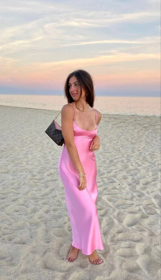 Spaghetti Straps Simple A line Sleeveless Party Dress Silk Satin Pink Prom Dress