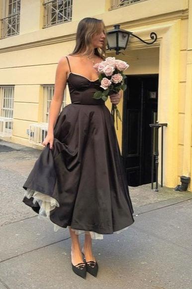 Spaghetti Straps Sleeveless A-line Strapless Black Satin Tulle Midi Dress Prom Dress