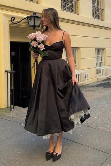 Spaghetti Straps Sleeveless A-line Strapless Black Satin Tulle Midi Dress Prom Dress
