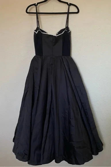 Spaghetti Straps Sleeveless A-line Strapless Black Satin Tulle Midi Dress Prom Dress