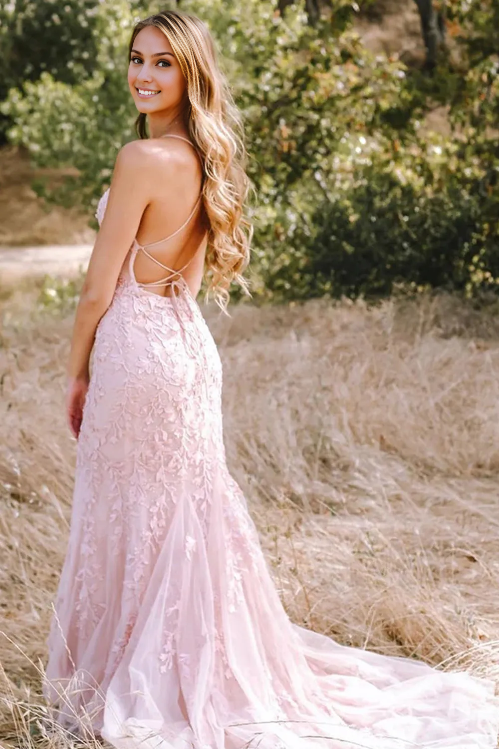Spaghetti Straps Tulle Lace Mermaid Backless Prom Formal Dress With Train