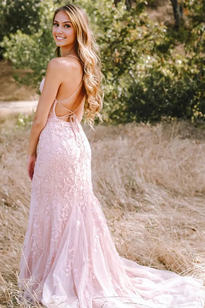 Spaghetti Straps Tulle Lace Mermaid Backless Prom Formal Dress With Train