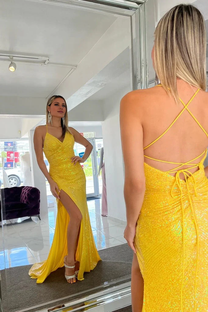 Spaghetti Straps Yellow Sequins Sparkly Lace Up Mermaid Long Prom Dresses With Slit