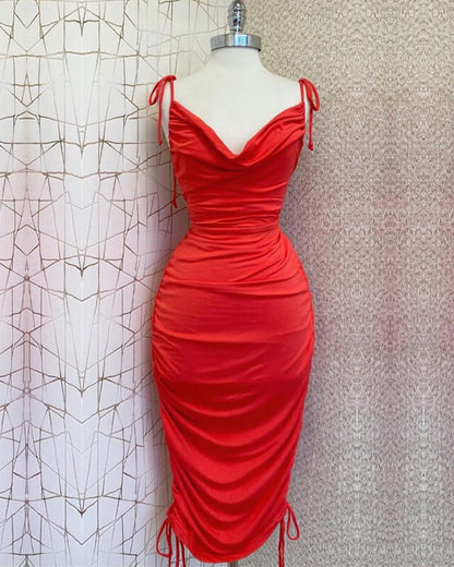 Spaghetti Straps Backless Red Cowl Neck Bodycon Prom Dress