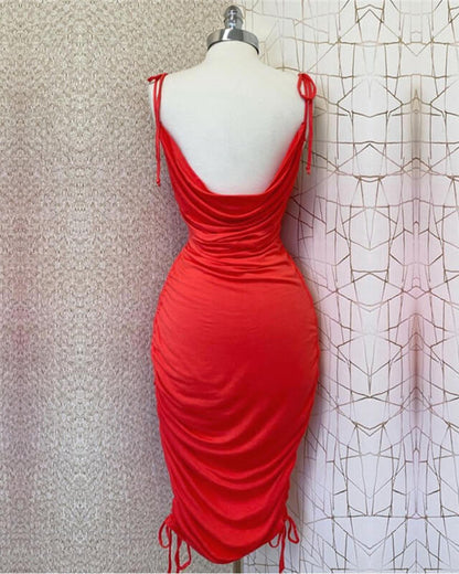 Spaghetti Straps Backless Red Cowl Neck Bodycon Prom Dress