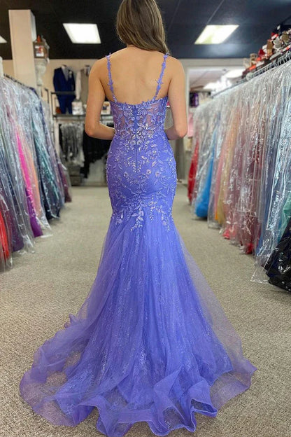 Spaghetti Straps Gorgeous Applique Lilac Long Mermaid Prom Dresses With Train