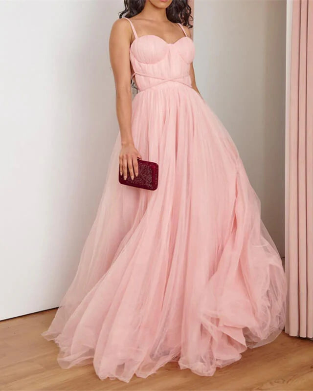 Spaghetti Straps Pink Tulle Corset Top Backless Prom Dress