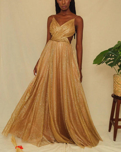 Spaghetti Straps Sparkly Gold A-line Backless Lace-Up Prom Dress