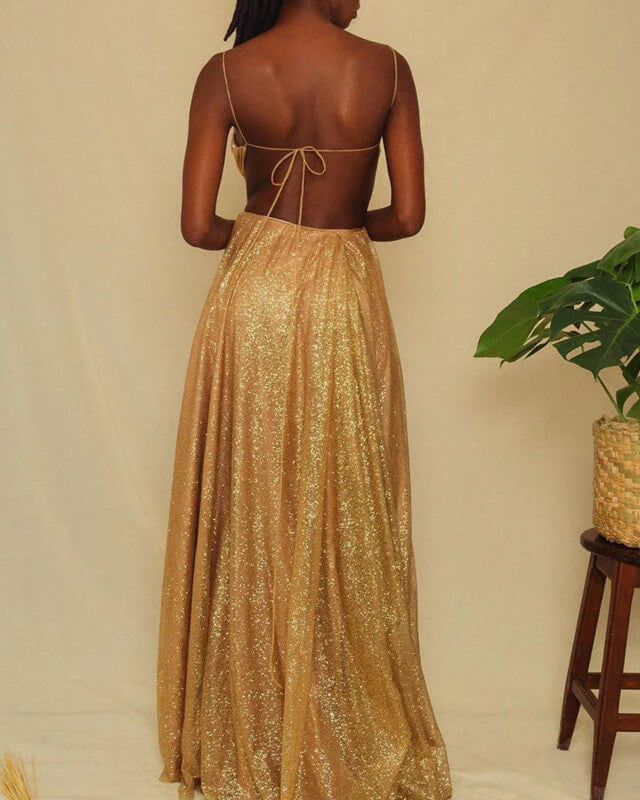 Spaghetti Straps Sparkly Gold A-line Backless Lace-Up Prom Dress