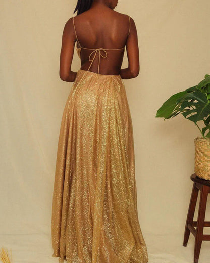 Spaghetti Straps Sparkly Gold A-line Backless Lace-Up Prom Dress