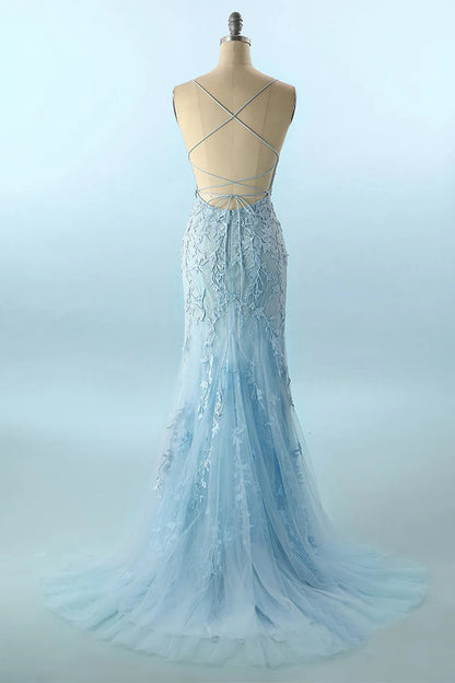 Spaghetti Straps Tulle Lace Mermaid Backless Prom Formal Dress With Train