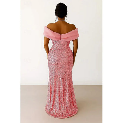 Sparkling Mermaid Off-Shoulder Organza Sequin Pink Floor Length Prom Dress