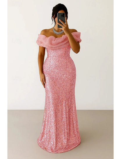 Sparkling Mermaid Off-Shoulder Organza Sequin Pink Floor Length Prom Dress