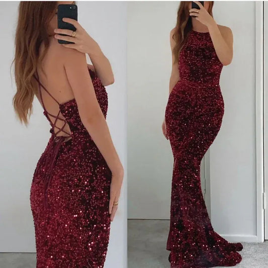 Sparkly Mermaid Halter Sleeveless Lace-Up Sequin Burgundy Long Prom Dresses