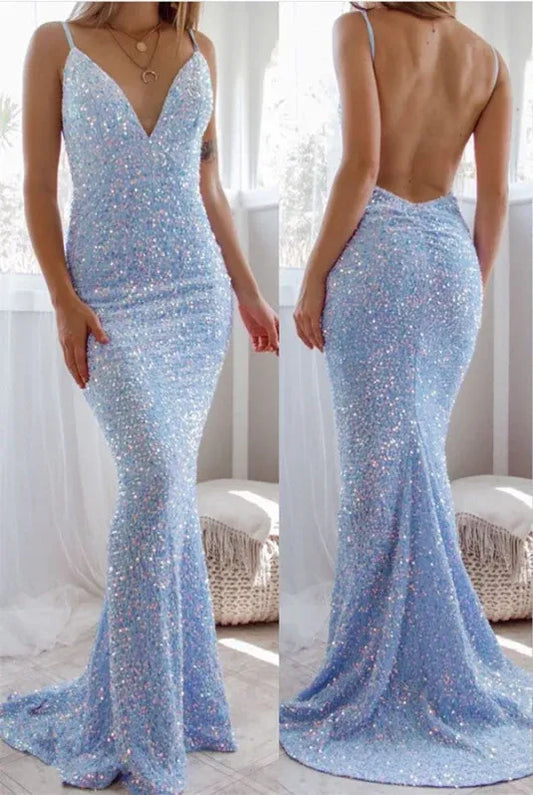 Sparkly Mermaid Spaghetti Strap Open Back Sequin Sky Blue Long Evening Dresses