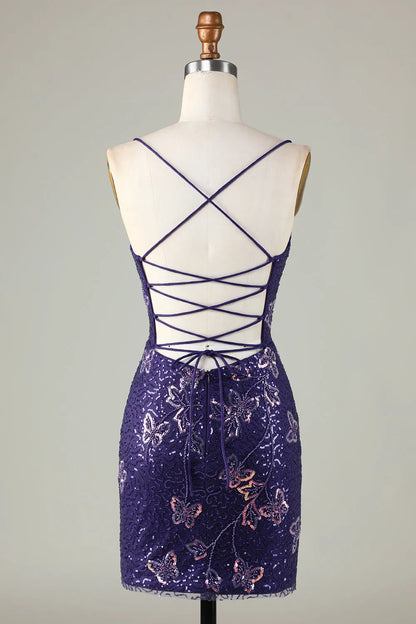 Sparkly Sheath Spaghetti Straps Sequins Short Homecoming Dress with Criss Cross Back