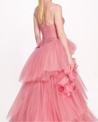 Strapless A-line One-shoulder 3D Floral Tiered Tulle Prom Dress With Train