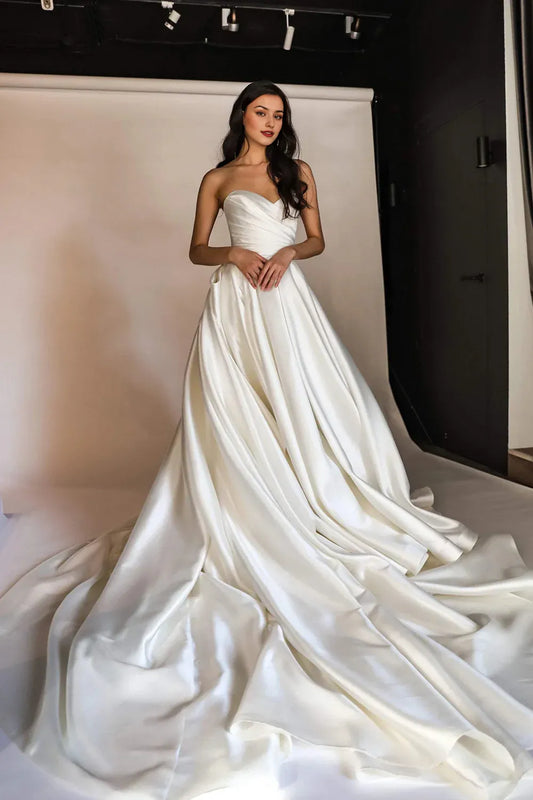 Strapless Elegant A Line Sweetheart White Long Bridal Dress with Sweep Train