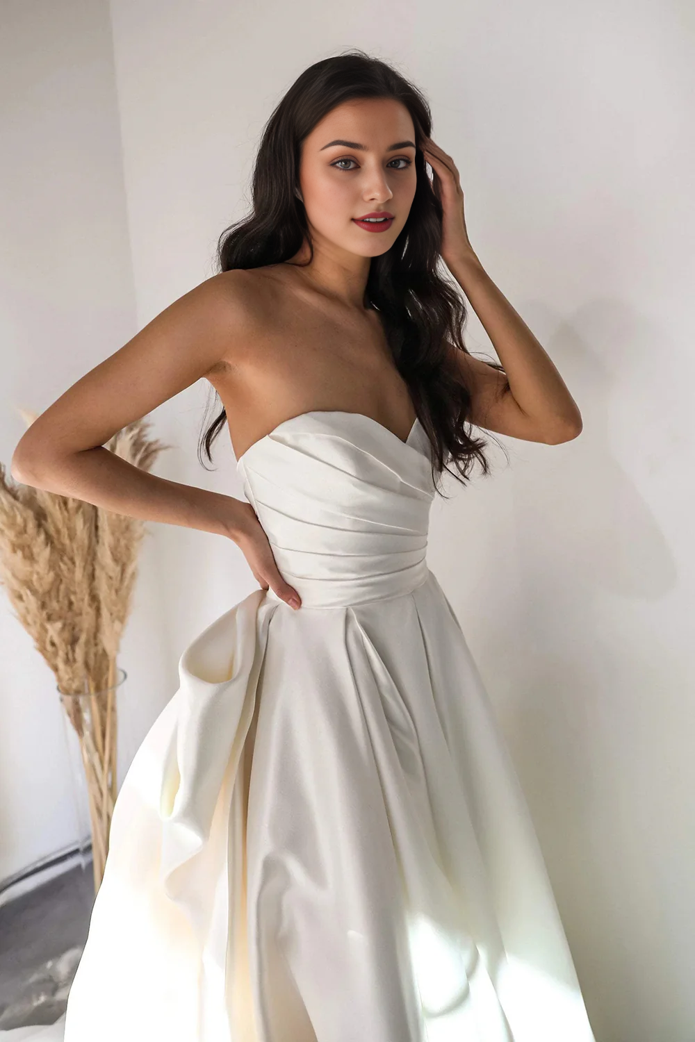 Strapless Elegant A Line Sweetheart White Long Bridal Dress with Sweep Train