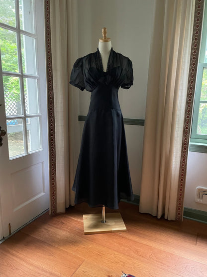 Stunning Vintage Black Party Dress With Sheer Lace Bodice Vintage Formal or Cocktail Tea Length Dress Black Gown Prom Dress