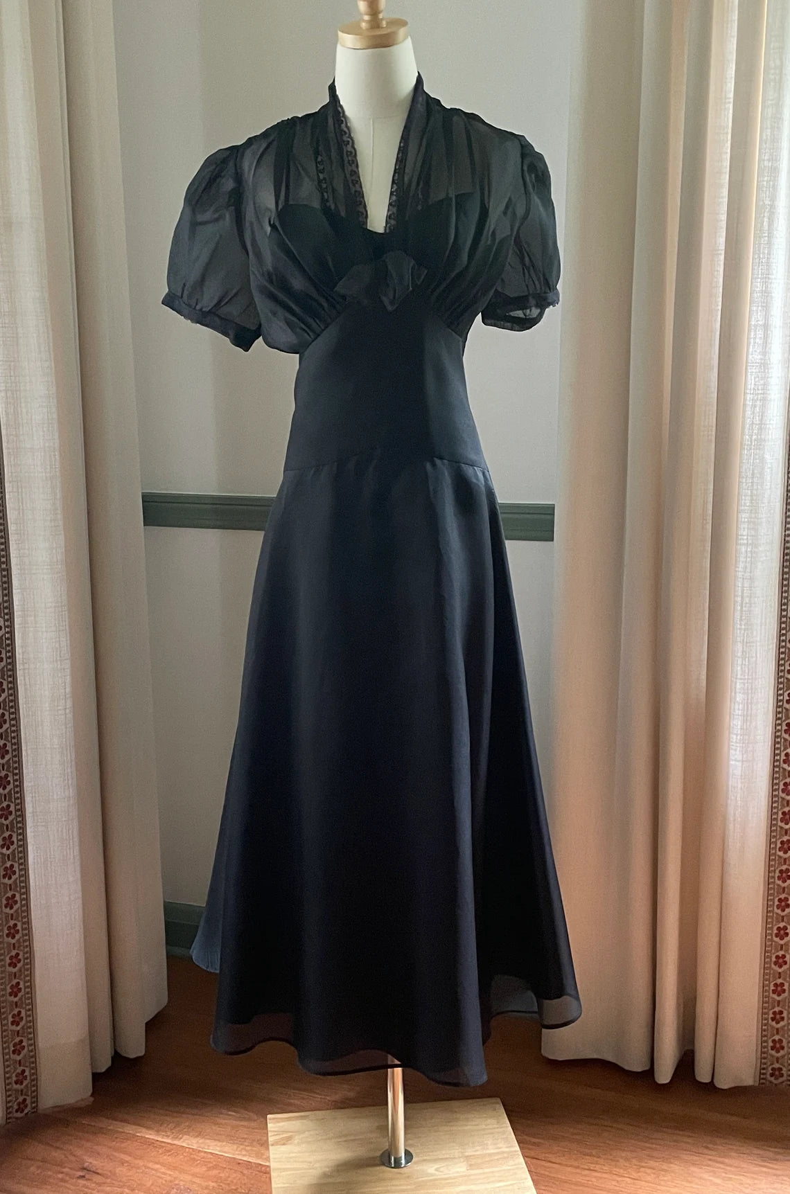 Stunning Vintage Black Party Dress With Sheer Lace Bodice Vintage Formal or Cocktail Tea Length Dress Black Gown Prom Dress