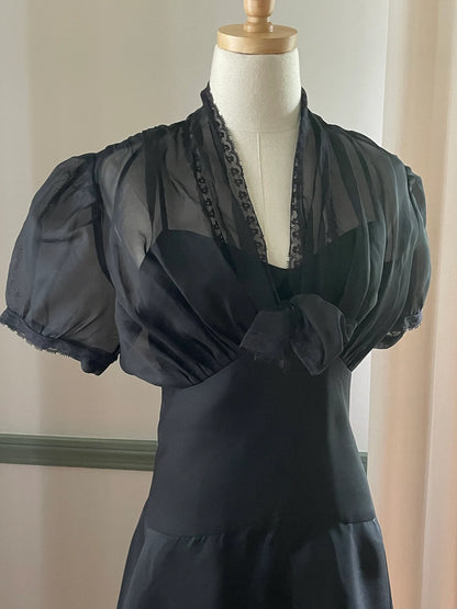 Stunning Vintage Black Party Dress With Sheer Lace Bodice Vintage Formal or Cocktail Tea Length Dress Black Gown Prom Dress