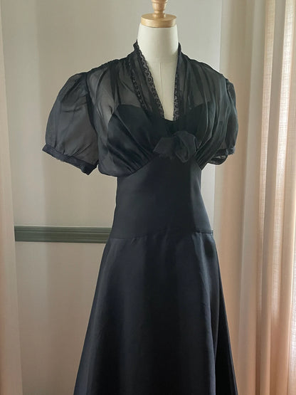 Stunning Vintage Black Party Dress With Sheer Lace Bodice Vintage Formal or Cocktail Tea Length Dress Black Gown Prom Dress