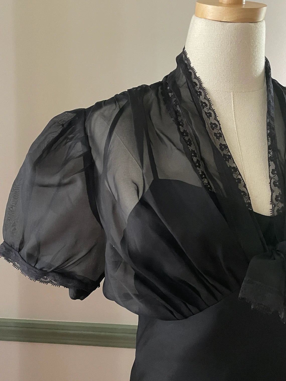 Stunning Vintage Black Party Dress With Sheer Lace Bodice Vintage Formal or Cocktail Tea Length Dress Black Gown Prom Dress