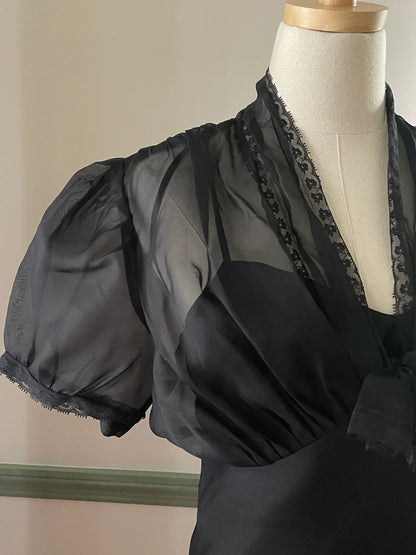 Stunning Vintage Black Party Dress With Sheer Lace Bodice Vintage Formal or Cocktail Tea Length Dress Black Gown Prom Dress