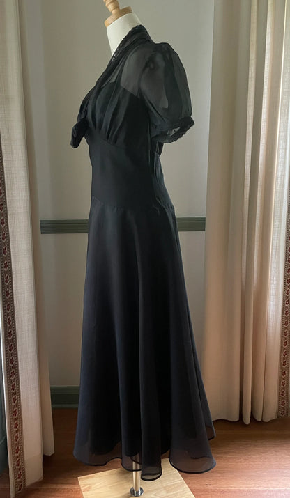 Stunning Vintage Black Party Dress With Sheer Lace Bodice Vintage Formal or Cocktail Tea Length Dress Black Gown Prom Dress