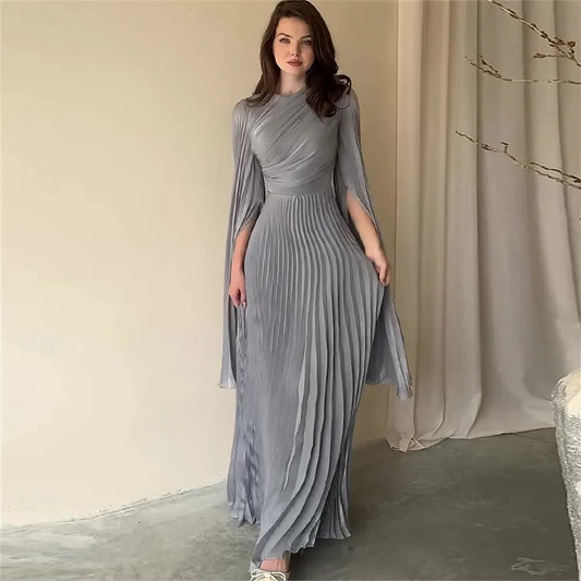 Stylish A-Line High Neck Cape Sleeve Pleated Light Grey Maxi Evening Dress