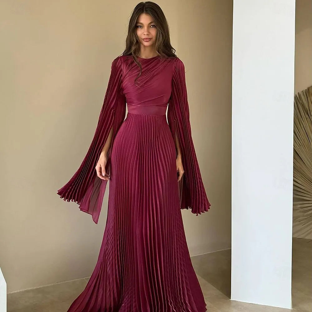 Stylish A-Line High Neck Cape Sleeve Pleated Light Grey Maxi Evening Dress