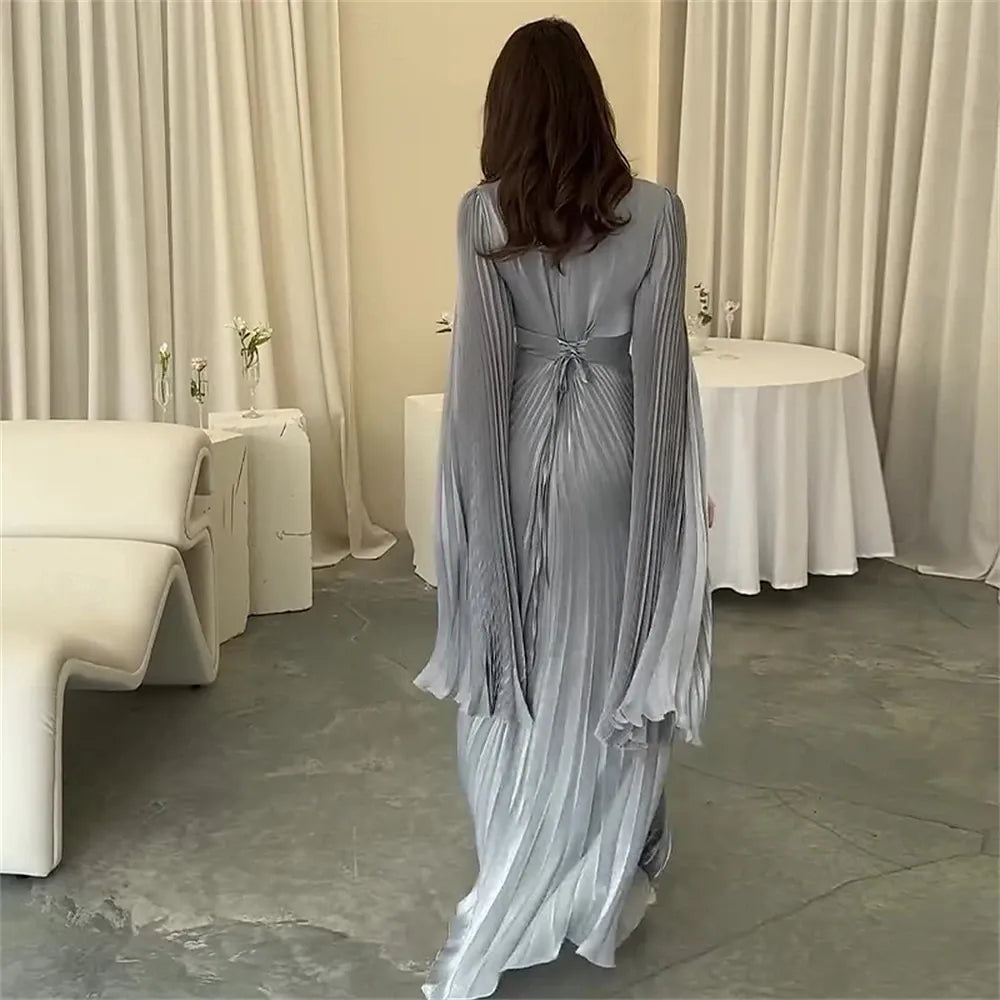 Stylish A-Line High Neck Cape Sleeve Pleated Light Grey Maxi Evening Dress