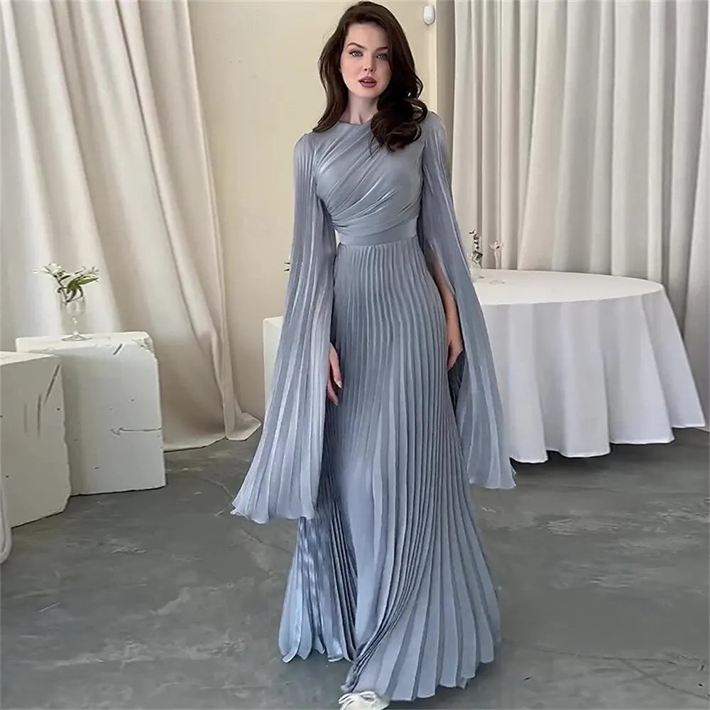 Stylish A-Line High Neck Cape Sleeve Pleated Light Grey Maxi Evening Dress