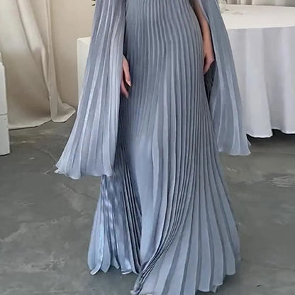 Stylish A-Line High Neck Cape Sleeve Pleated Light Grey Maxi Evening Dress