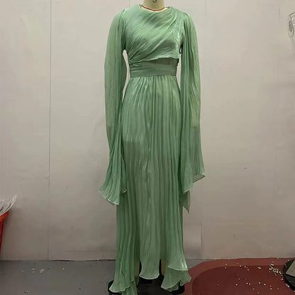 Stylish A-Line High Neck Cape Sleeve Pleated Light Grey Maxi Evening Dress