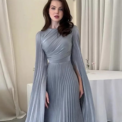 Stylish A-Line High Neck Cape Sleeve Pleated Light Grey Maxi Evening Dress