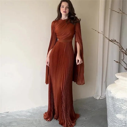 Stylish A-Line High Neck Cape Sleeve Pleated Light Grey Maxi Evening Dress