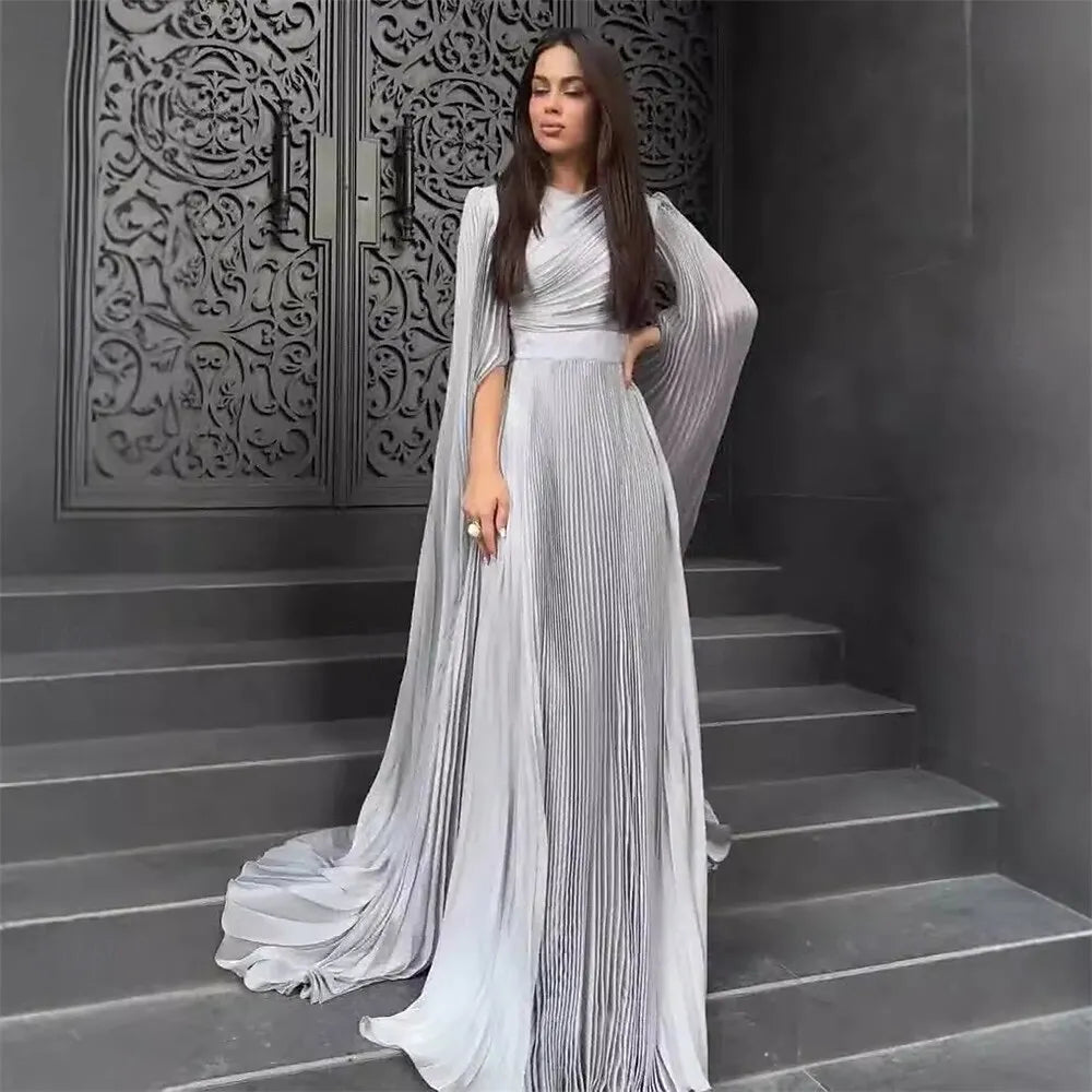 Stylish A-Line High Neck Cape Sleeve Pleated Light Grey Maxi Evening Dress