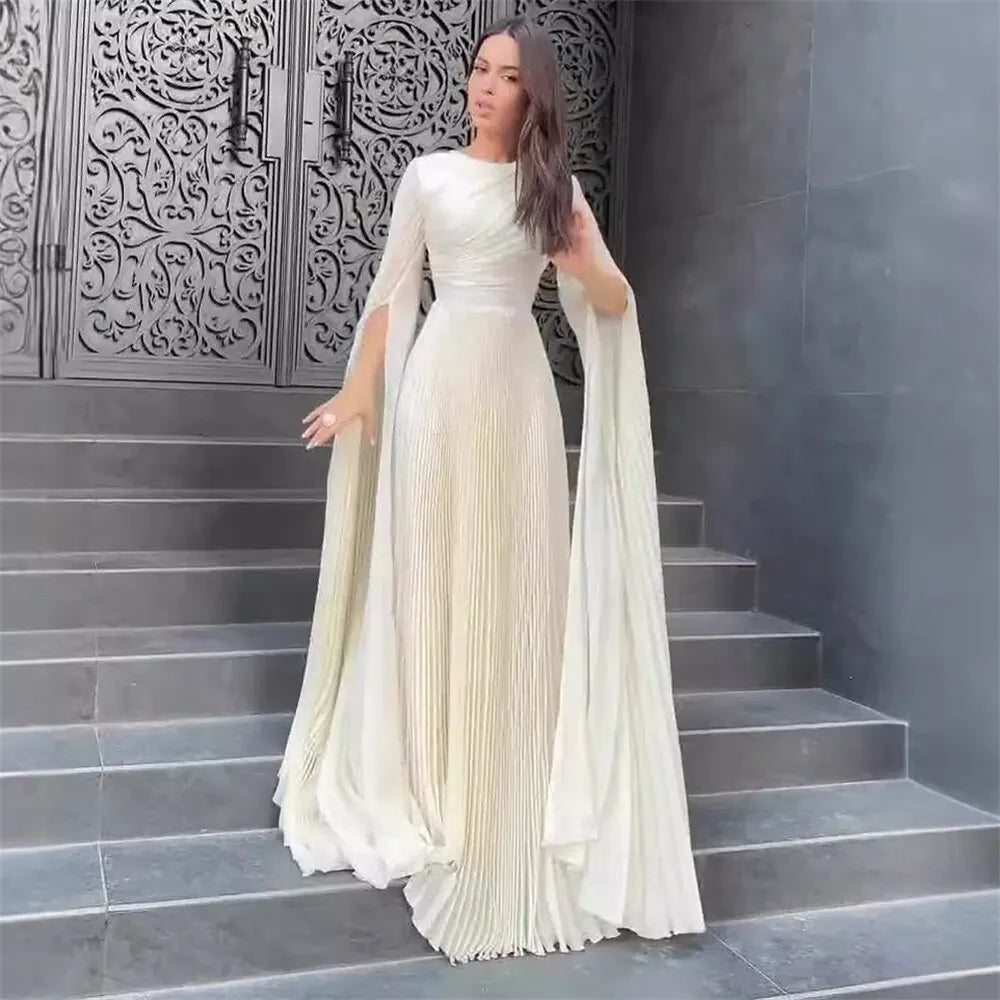 Stylish A-Line High Neck Cape Sleeve Pleated Light Grey Maxi Evening Dress