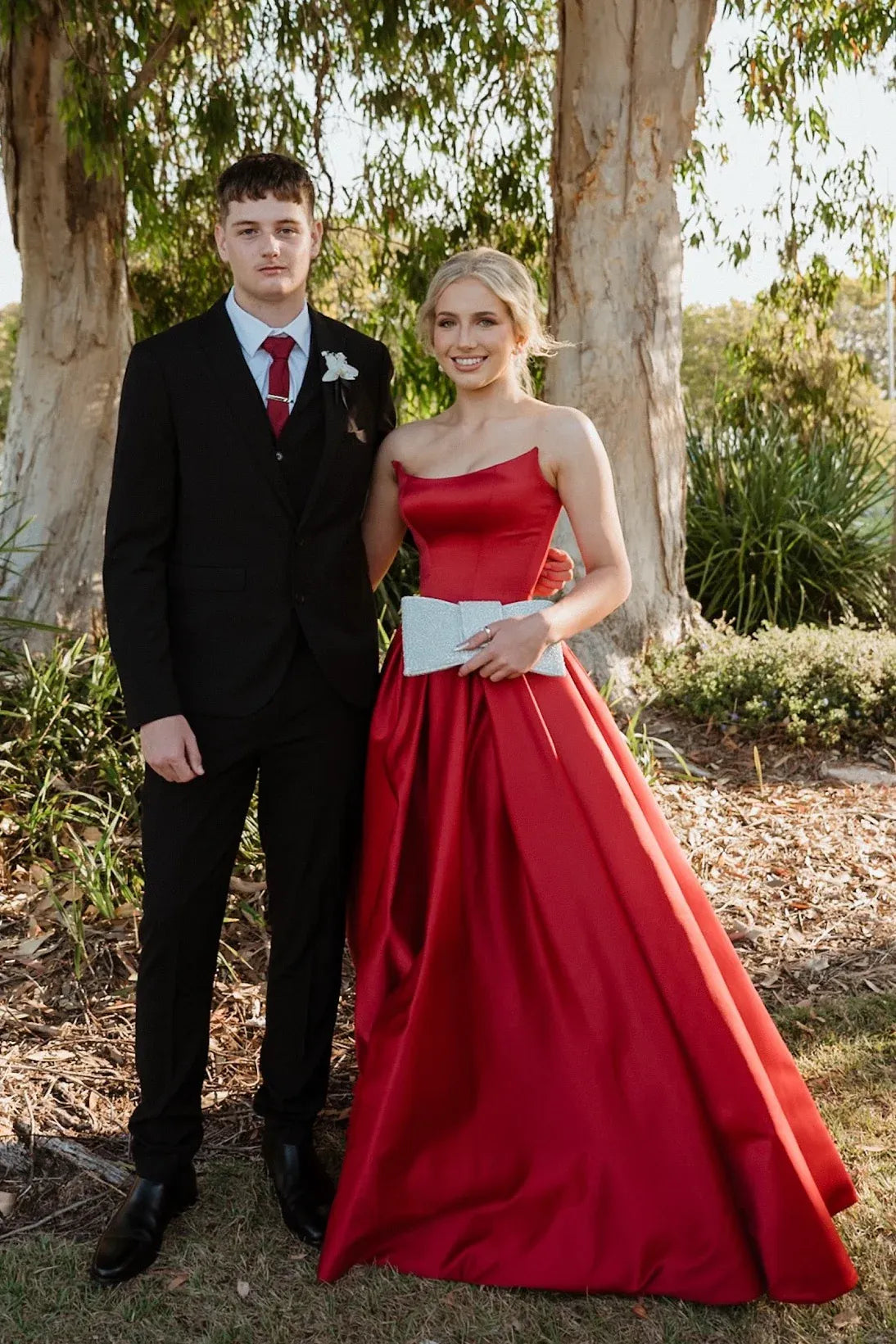 Stylish A-line Strapless Sleeveless Slit Satin Floor-Length Prom Dress