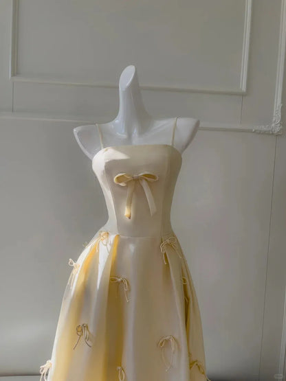 Sweet Ball Gown Spaghetti Straps Bow Detail Cream Midi Prom Dress For Sale